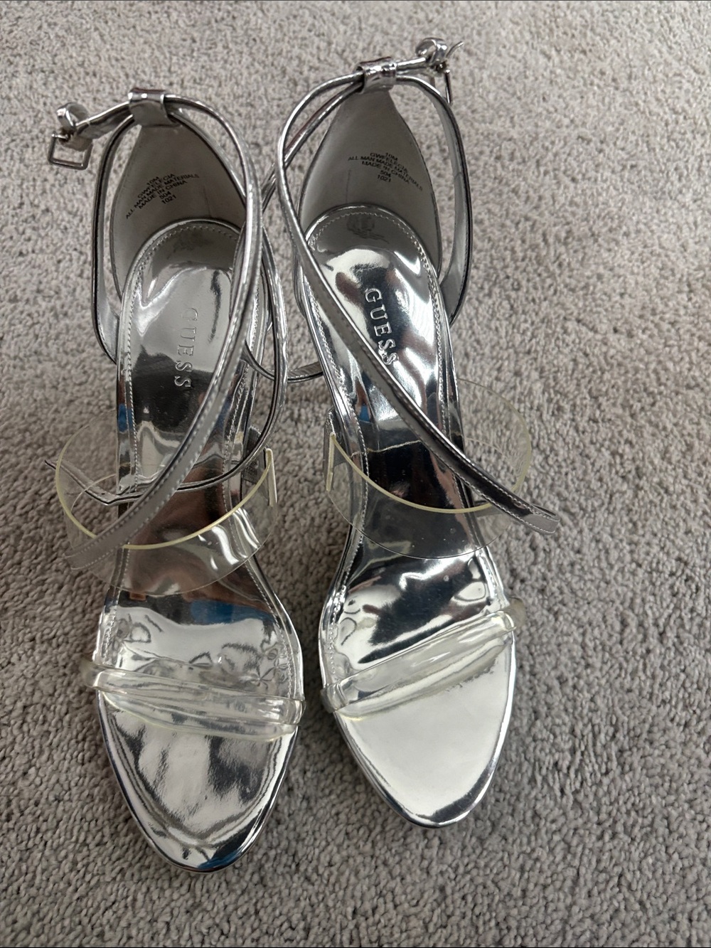 GUESS Silver Metallic Heeled Sandals with Clear Straps